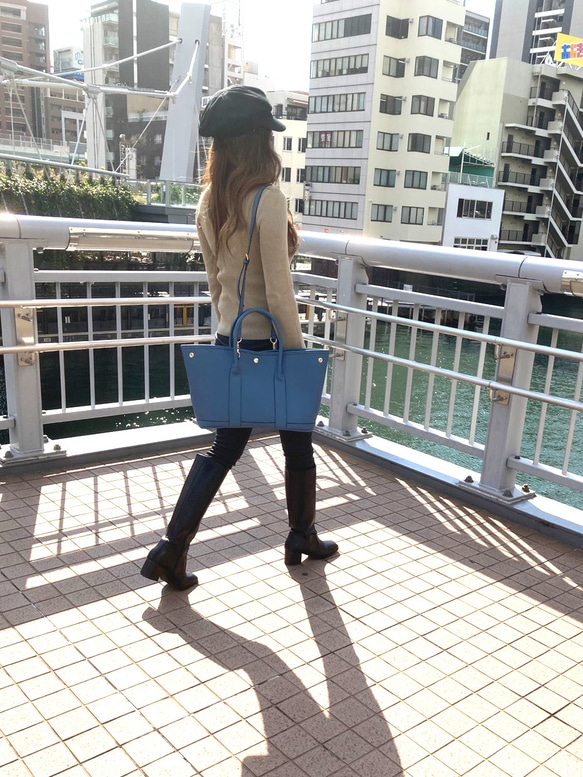 エコレザートートバッグ☆シボ風☆Lサイズ【36cm】☆A4収納サイズ☆ブルーグレー色 6枚目の画像