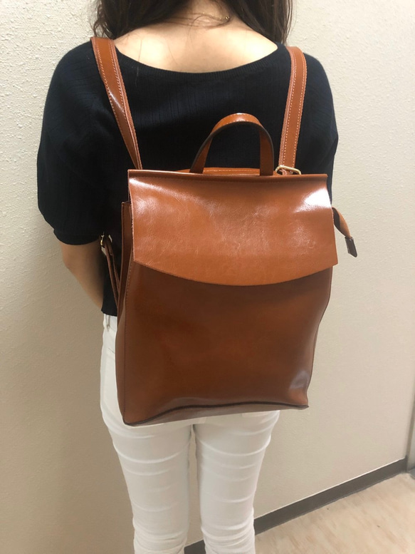 軽くて柔らかく上質でシンプルなレザー3wayリュック☆ショルダー可能☆キャメル色 2枚目の画像