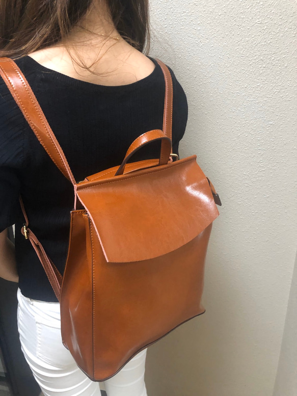 軽くて柔らかく上質でシンプルなレザー3wayリュック☆ショルダー可能☆キャメル色 4枚目の画像