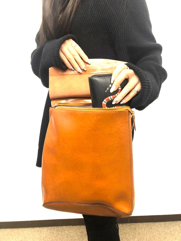 軽くて柔らかく上質でシンプルなレザー3wayリュック☆ショルダー可能☆キャメル色 5枚目の画像