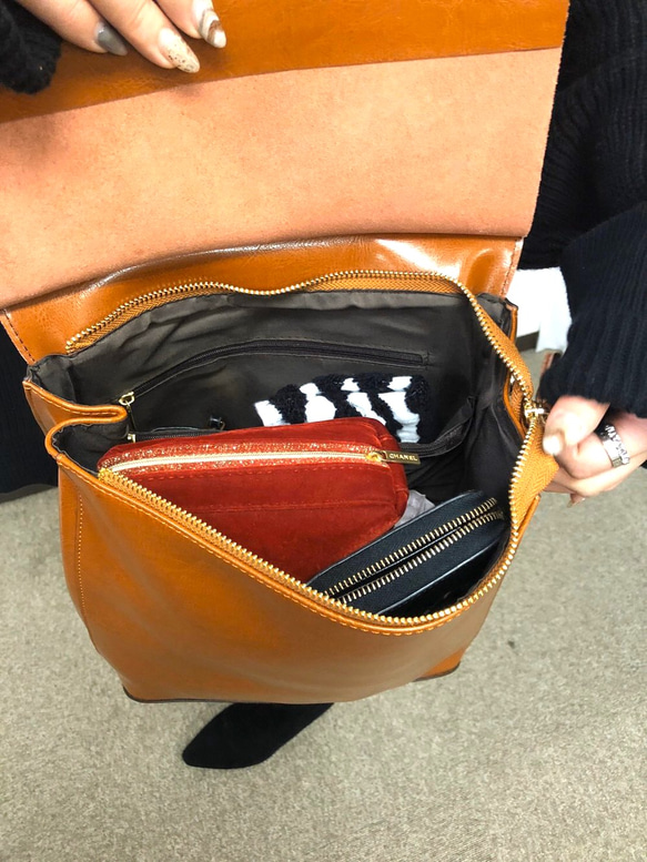 軽くて柔らかく上質でシンプルなレザー3wayリュック☆ショルダー可能☆キャメル色 6枚目の画像