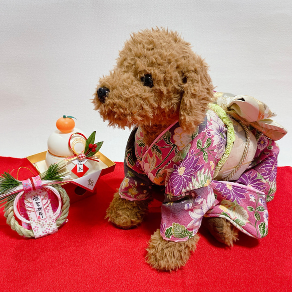 犬用本格着物 振袖 正絹帯 ピンク系 犬服 お正月 七五三 雛祭り