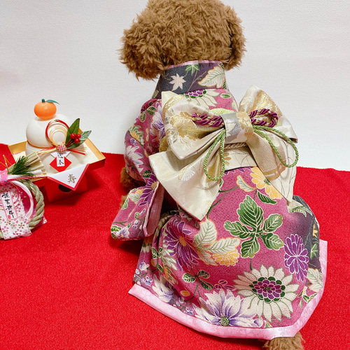 ☆*花柄ピンク着物☆*　犬服　犬服用お着物 咲楽-sakura-犬服のペットの着物（帯電防止裏地）大振袖お