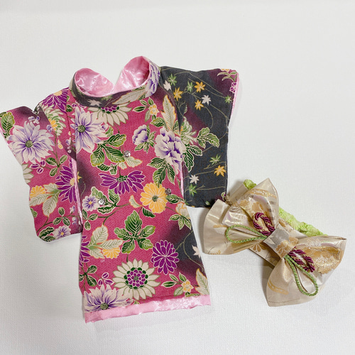 犬用本格着物 振袖 正絹帯 ピンク系 犬服 お正月 七五三 雛祭り 結婚式