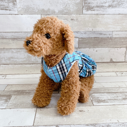 犬の洋服✨犬用秋冬暖かワンピース ノバチェック柄 水色 犬服 フリース
