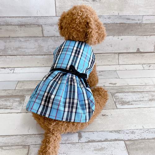 犬の洋服✨犬用秋冬暖かワンピース ノバチェック柄 水色 犬服 フリース