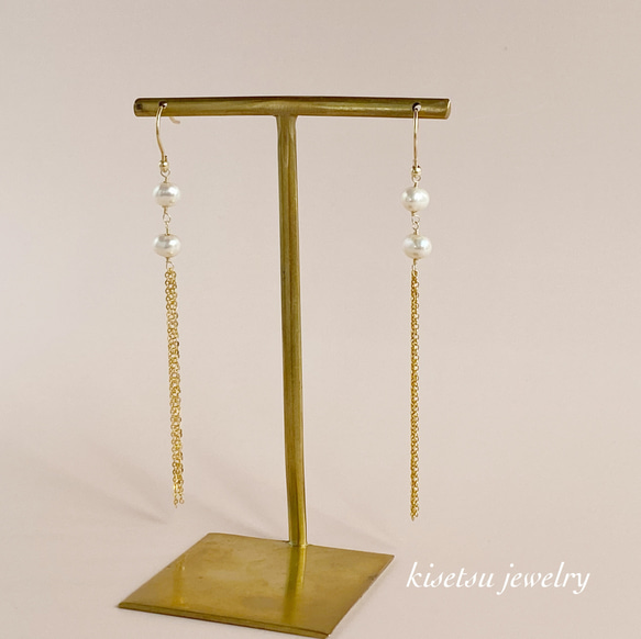 【SALE！】〜La perle〜真珠とゴールドチェーンのロングピアス 6枚目の画像