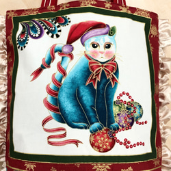 【クリスマスバージョン】猫＆オーナメント柄ダブルフェイストートバッグ 3枚目の画像