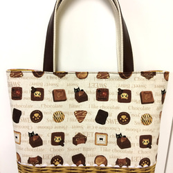 猫チョコレート柄×バスケット柄　帆布トートバッグ 1枚目の画像