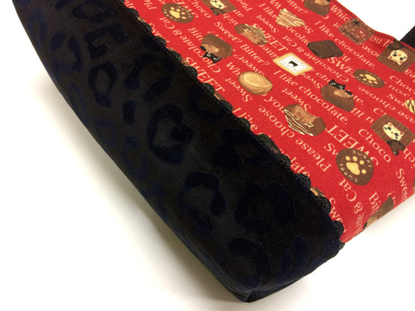 猫チョコレート柄×レオパード柄　帆布トートバッグ 4枚目の画像