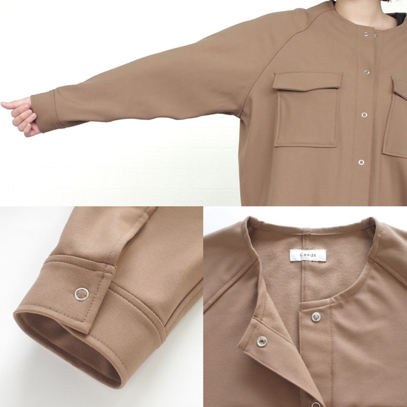 なめらか裏起毛シャツ　あったか＆ゆるふわ　ノーカラー　サイズ38　モカ　スナップボタン　 4枚目の画像