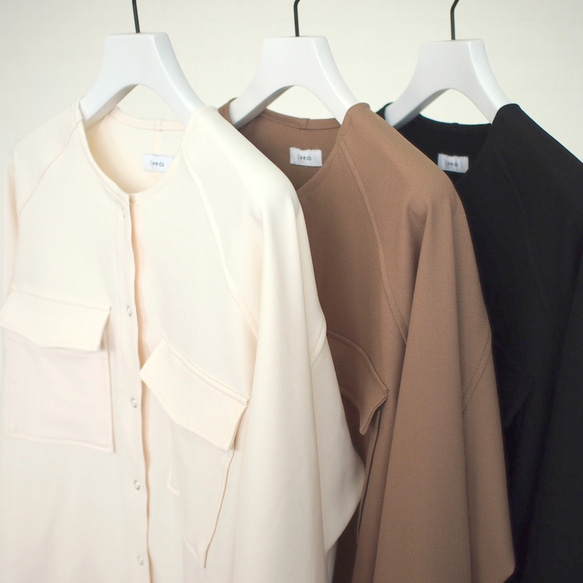 なめらか裏起毛シャツ　あったか＆ゆるふわ　ノーカラー　サイズ38　モカ　スナップボタン　 3枚目の画像