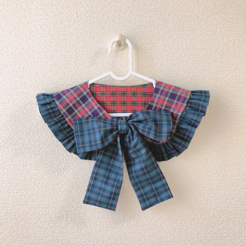 緑リボンタータンチェックビッグリボン丸襟フリル付け襟 つけ衿 古着