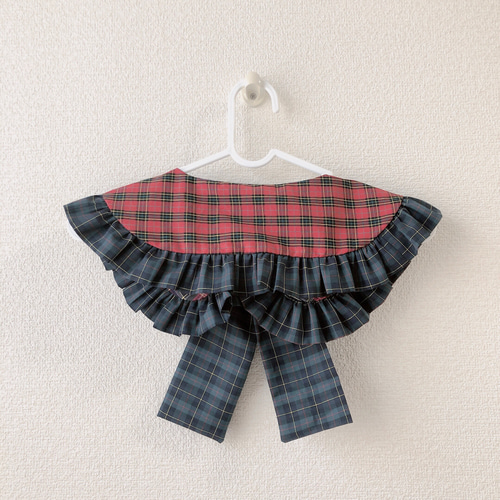 緑リボンタータンチェックビッグリボン丸襟フリル付け襟 つけ衿 古着