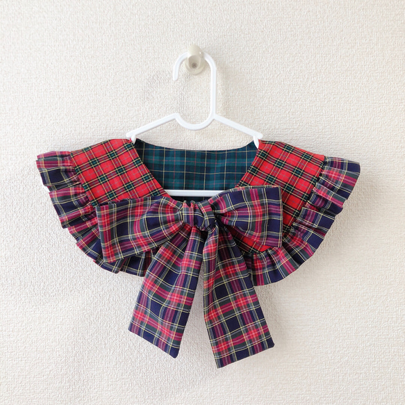 赤紺リボンタータンチェックビッグリボン丸襟フリル付け衿 つけ