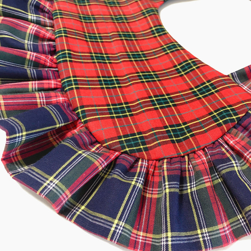 赤紺リボンタータンチェックビッグリボン丸襟フリル付け衿 つけ襟 古着