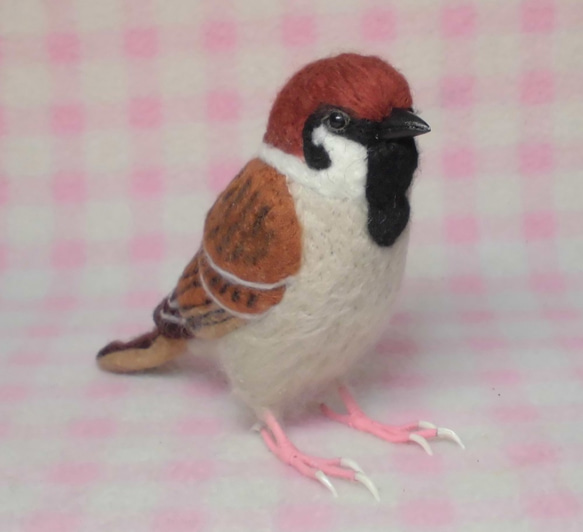 ほぼライフサイズ　スズメ　羊毛フェルト　受注作成品　野鳥シリーズ　羊毛ぬいぐるみ　羊毛インコ　メモリアル　工房小鳥屋さん 1枚目の画像