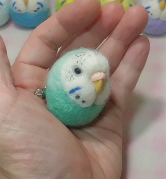 セキセイインコ ミントブルーオパーリン☆マグネット/ブローチどちらか選択　受注作成　うちのこオーダー可能　羊毛フェルト 2枚目の画像