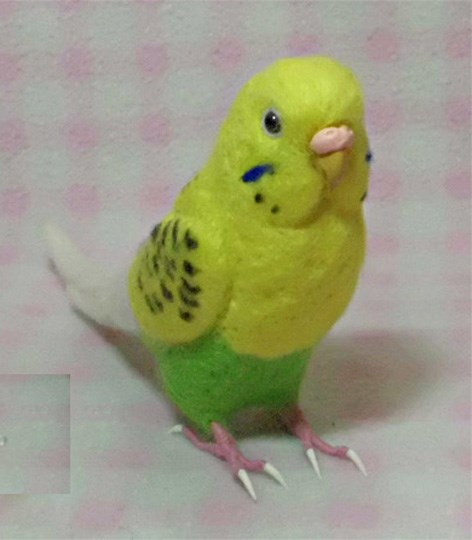 ほぼライフサイズ♪ セキセイインコ イエロ－ハルクイン 羊毛フェルト　受注作成　鼻の色変更可能　羊毛インコ　メモリアル