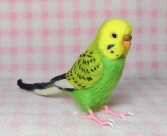 リアルサイズ  セキセイインコ グリーンオパ－リン  羊毛フェルト　受注作成　鼻の色変更可能　羊毛インコ　メモリアル 4枚目の画像