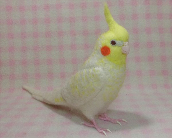 羊毛フェルト リアル オカメインコ ルチノーパール（濃い赤目）ほぼライフサイズ 羊毛フェルト 受注製作　メモリアル 1枚目の画像