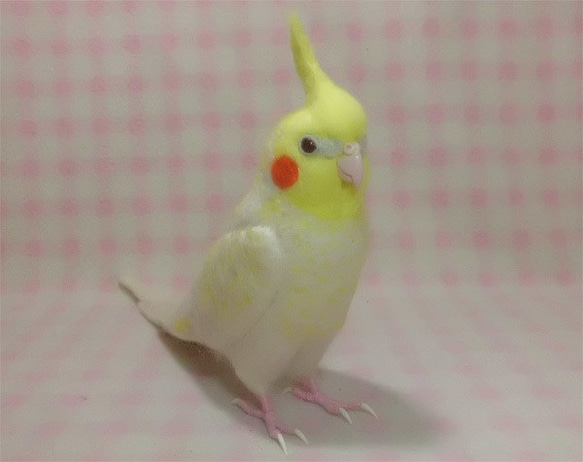 羊毛フェルト リアル オカメインコ ルチノーパール（濃い赤目）ほぼライフサイズ 羊毛フェルト 受注製作　メモリアル 2枚目の画像