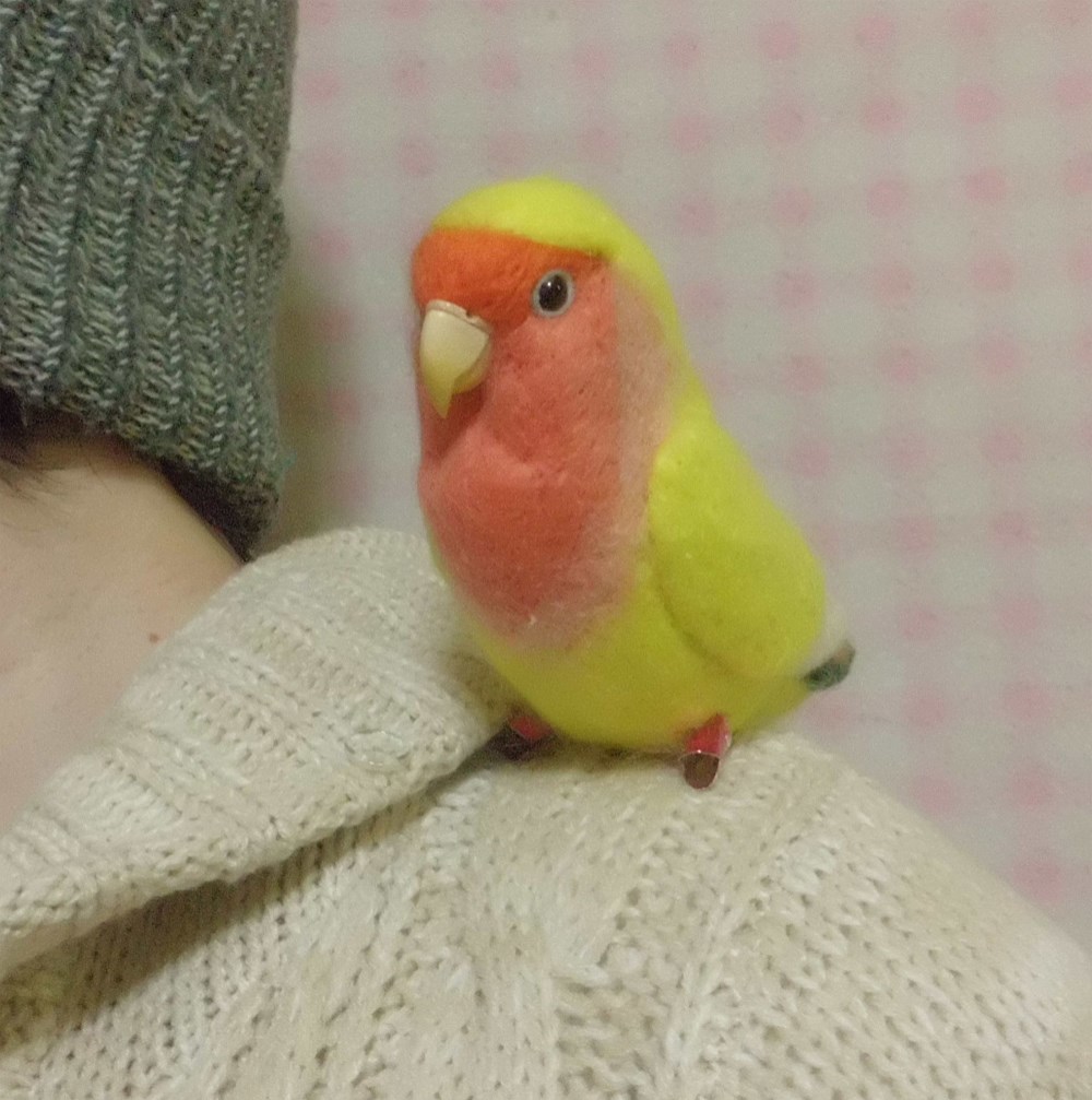 羊毛フェルト コザクラインコ クリップ / チェリー系(イエロー）(クリップから足へ変更作成可）ライフサイズ　受注作成