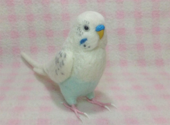 ライフサイズ セキセイインコ 白ハルクイン系 羊毛フェルト　鼻の色変更可能　受注作成　羊毛インコ　工房小鳥屋さん 1枚目の画像