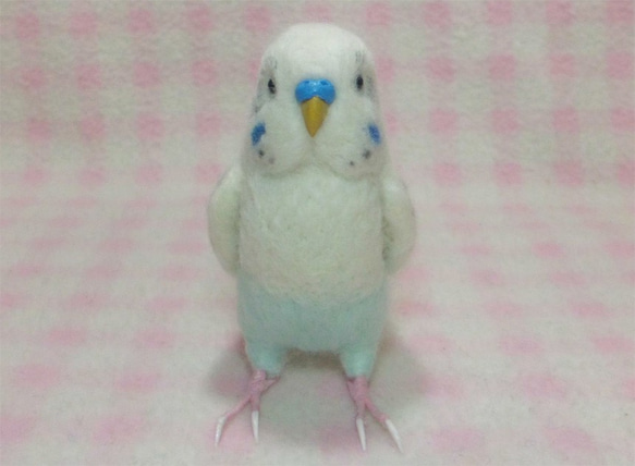 ライフサイズ セキセイインコ 白ハルクイン系 羊毛フェルト　鼻の色変更可能　受注作成　羊毛インコ　工房小鳥屋さん 4枚目の画像