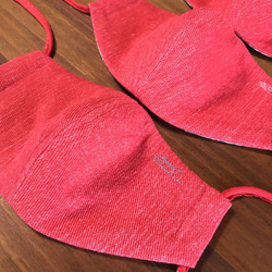 デニム＆花柄のサイドポケット付き立体マスク・Lサイズ（男女兼用）刺繍色：サーモンピンク 5枚目の画像