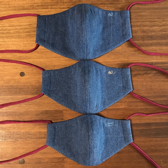 ストレッチデニム＆マルチストライプ柄のサイドポケット付き立体マスク・Sサイズ（子供用）刺繍色：ベージュ 5枚目の画像