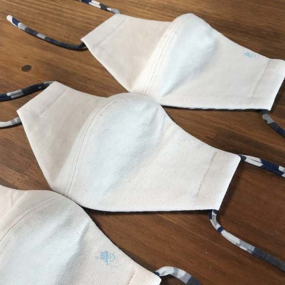 デニム＆ダブルガーゼのサイドポケット付き立体マスク・Sサイズ（子供用）刺繍色：ライトブルー 6枚目の画像