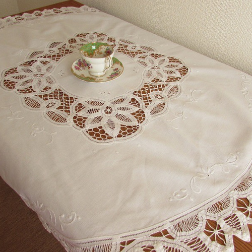Vintageバテンレース 白糸手刺繍 テーブルクロス ホワイトバテンレース