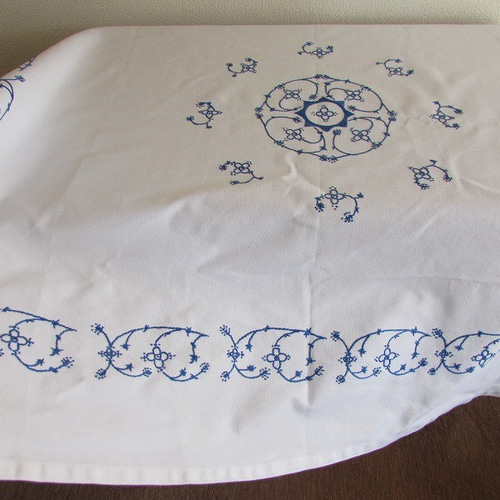色糸毛糸手刺繍混紡リネン大判テーブルクロス