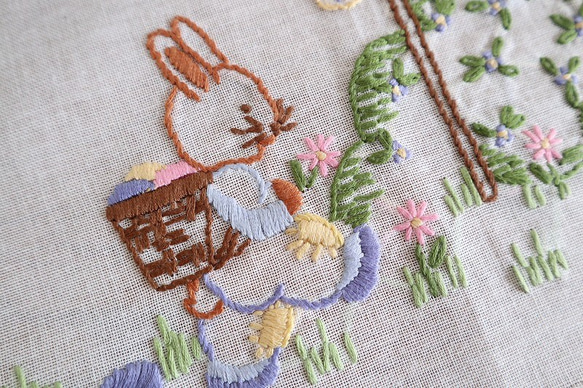 ドイツの手仕事/バスケットを背負ったウサギや小花の手刺繍 テーブルクロス (未使用・うさぎ・ヴィンテージ) 2枚目の画像