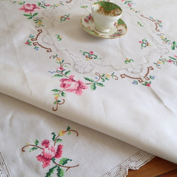 ドイツの手仕事/華やかなピンクローズのクロスステッチ 手刺繍