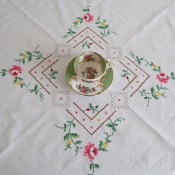 ドイツの手仕事/ピンクローズや黄色の小花のクロスステッチ 手刺繍 テーブルクロス (ヴィンテージ) 5枚目の画像
