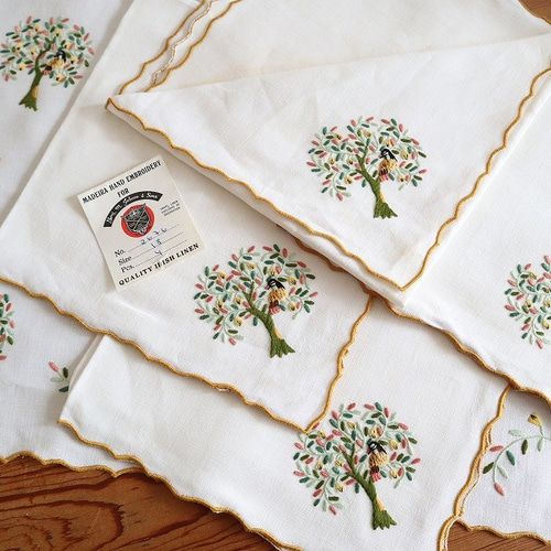 【翌日発送可能】 ポルトガルの手仕事/小鳥や木々のマデイラ刺繍 生地5点 アンティーク雑貨