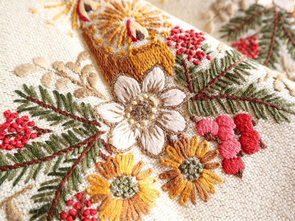 ドイツの手仕事☆クリスマス お花に囲まれた素敵なキャンドルリースの手刺繍 テーブルクロス 未使用品 (ヴィンテージ) 7枚目の画像