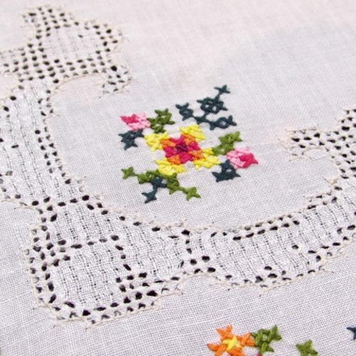 ドイツの手仕事/薔薇のクロスステッチとドロンワーク刺繍