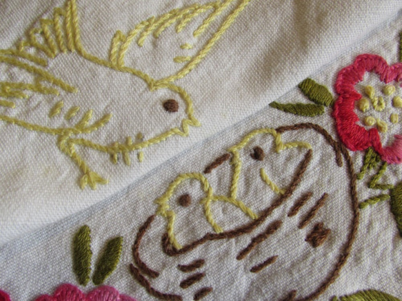 フランスの手仕事/母鳥と小鳥とピンクのお花の手刺繍入り円形ドイリー 1枚目の画像