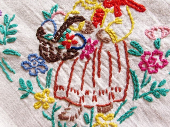 ドイツの手仕事/うさぎとイースターエッグ&バスケットを持つネコの手刺繍入りテーブルクロス 3枚目の画像