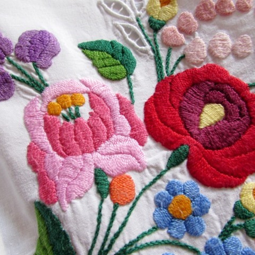 ハンガリーの手仕事/華やかなカロチャ刺繍と透かし模様の大きめ