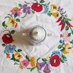 ハンガリーの手仕事/華やかなカロチャ刺繍と透かし模様の大きめテーブルクロス 3枚目の画像