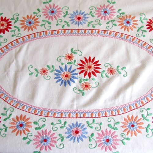 フランスの手仕事/可愛い色とりどりのお花の手刺繍入り 大判