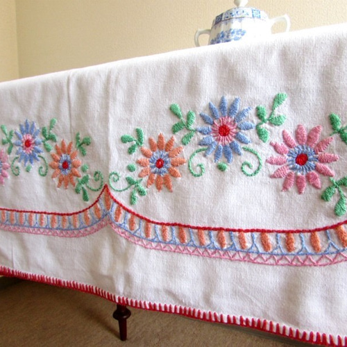 アメリカンビンテージ 花柄刺繍リネンテーブルクロス大判