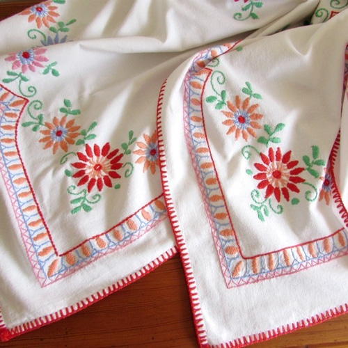 フランスの手仕事/可愛い色とりどりのお花の手刺繍入り 大判