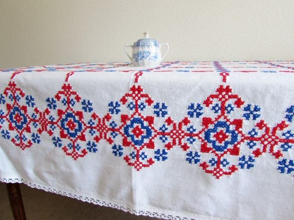 大判 Vintage テーブルクロス 手刺繍 ヨーロッパ 大判 Vintage
