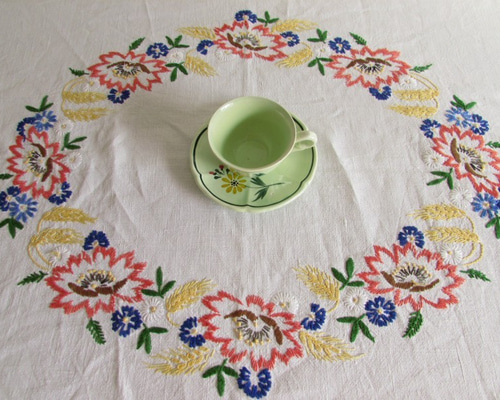 ドイツの手仕事/カラフルなお花とブルーの刺繍糸で囲まれた大きめ