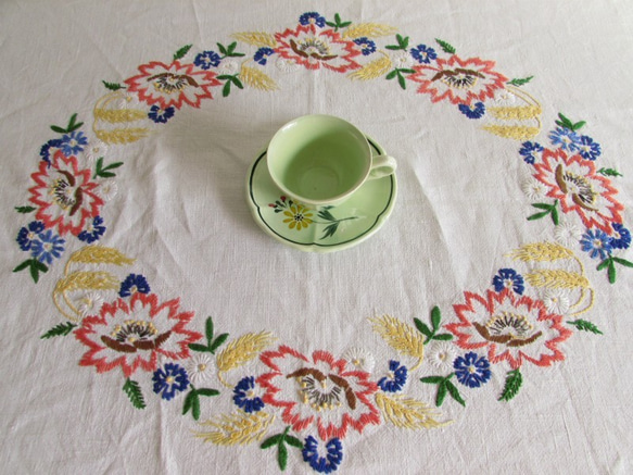 ドイツの手仕事/カラフルなお花とブルーの刺繍糸で囲まれた大きめ